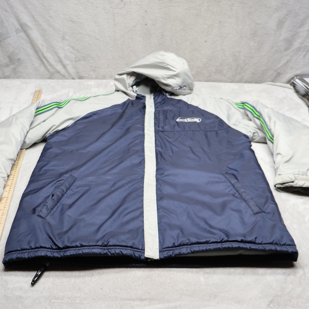 Seattle Seahawks Jacket Mens Large Reebok Navy Ripstop Hooded Fleece Lined VTG